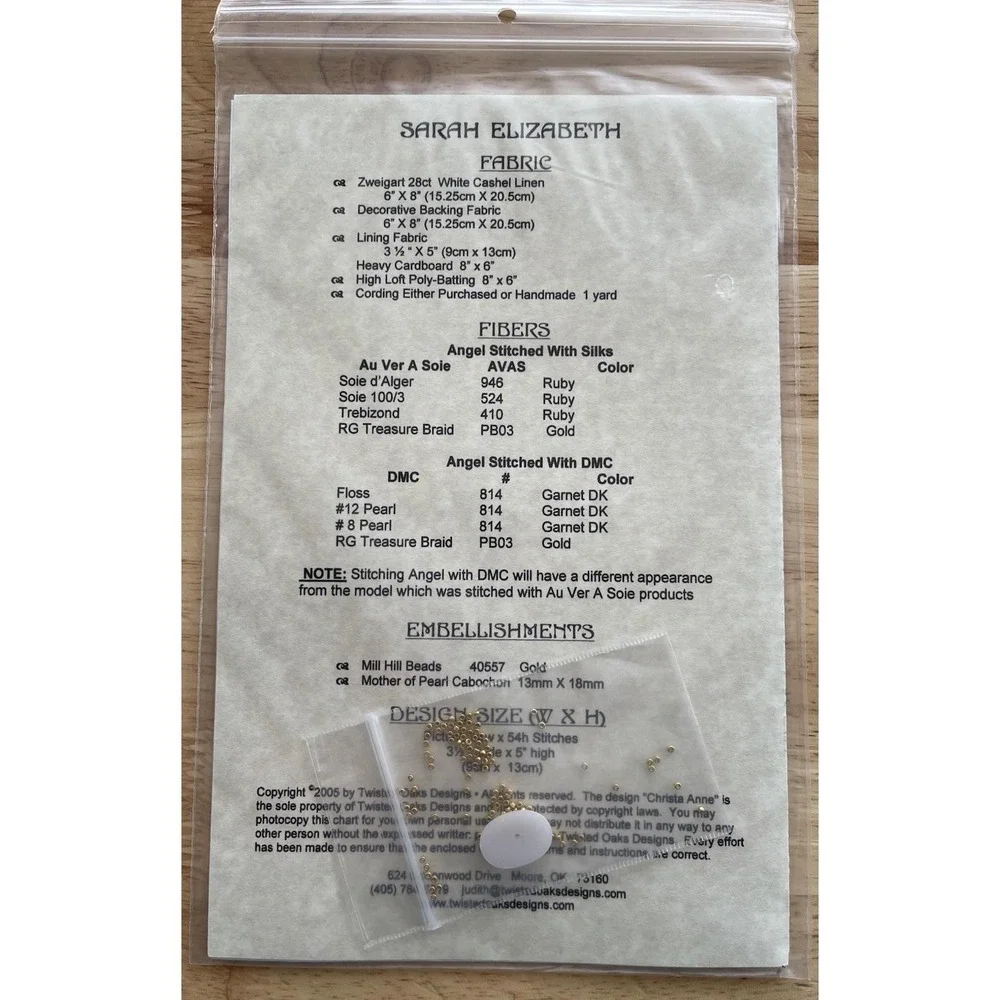 Twisted Oaks Designs Sarah Elizabeth Angel ornament cross stitch pattern & Beads